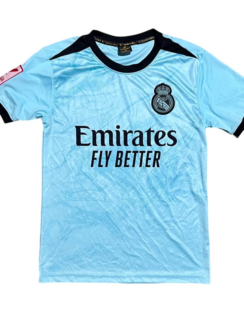 Real Madrid Emirates Fly Better Blue Saoviet Sport Soccer Jersey, Men's Small